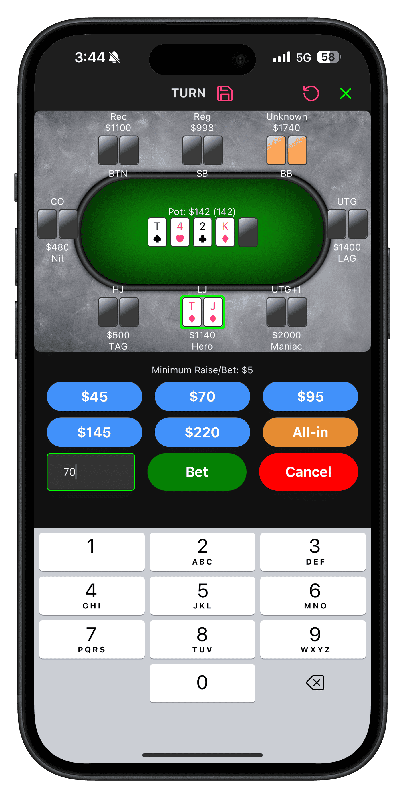 Hand input showing bet input and bet sizing