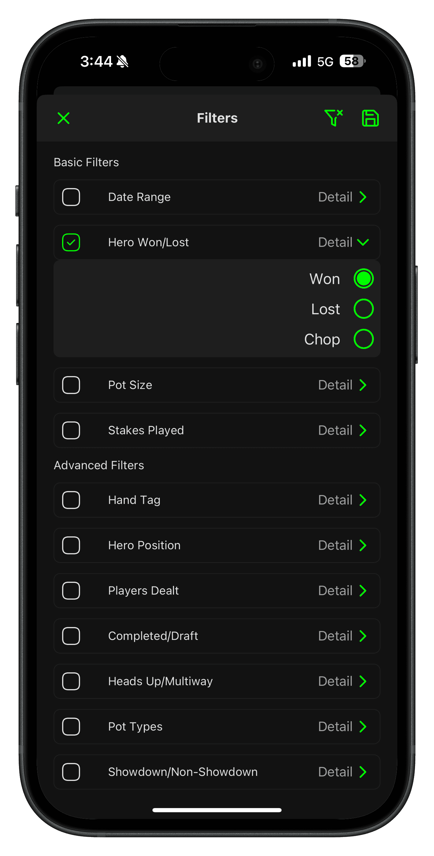 Filter options